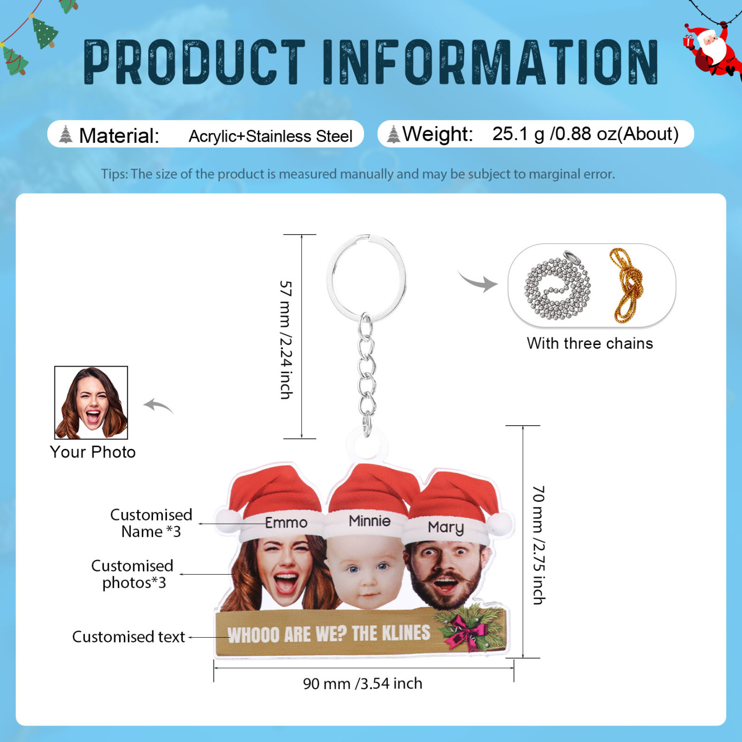 Personalised Christmas Family Ornament with Custom 3 Names & 3 Photos Christmas Hanging Ornament Gift for Family| Jessmade