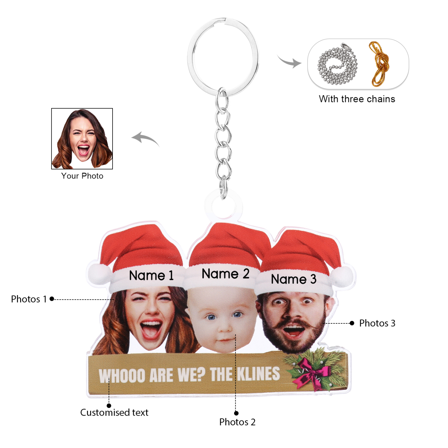 Personalised Christmas Family Ornament with Custom 3 Names & 3 Photos Christmas Hanging Ornament Gift for Family| Jessmade