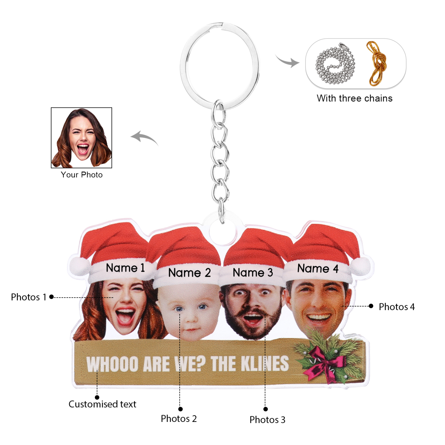 Personalised Christmas Family Ornament with Custom 4 Names & 4 Photos Christmas Hanging Ornament Gift for Family| Jessmade