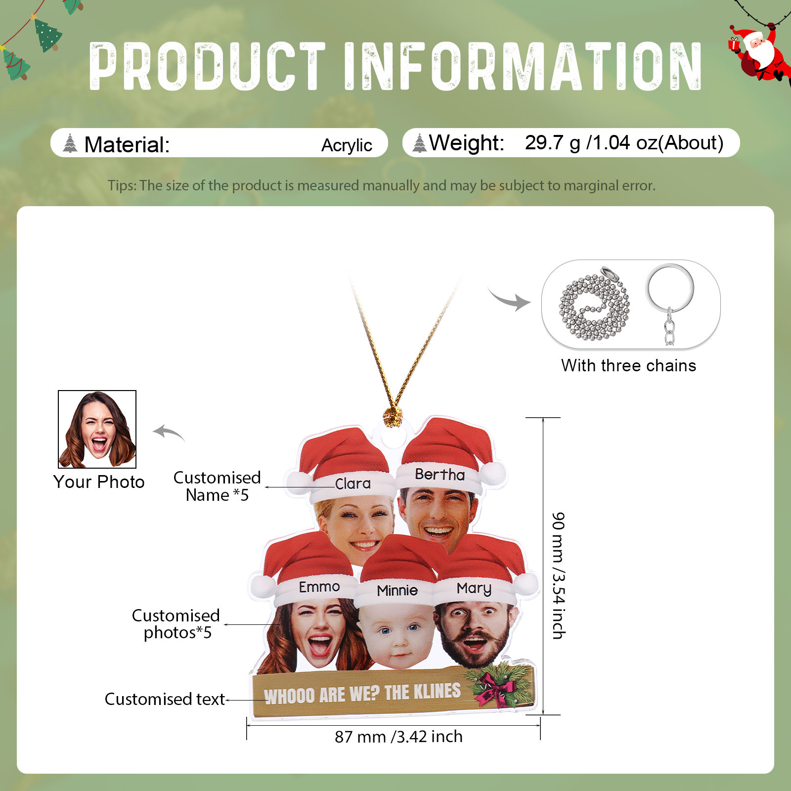 Personalised Christmas Family Ornament with Custom 5 Names & 5 Photos Christmas Hanging Ornament Gift for Family| Jessmade