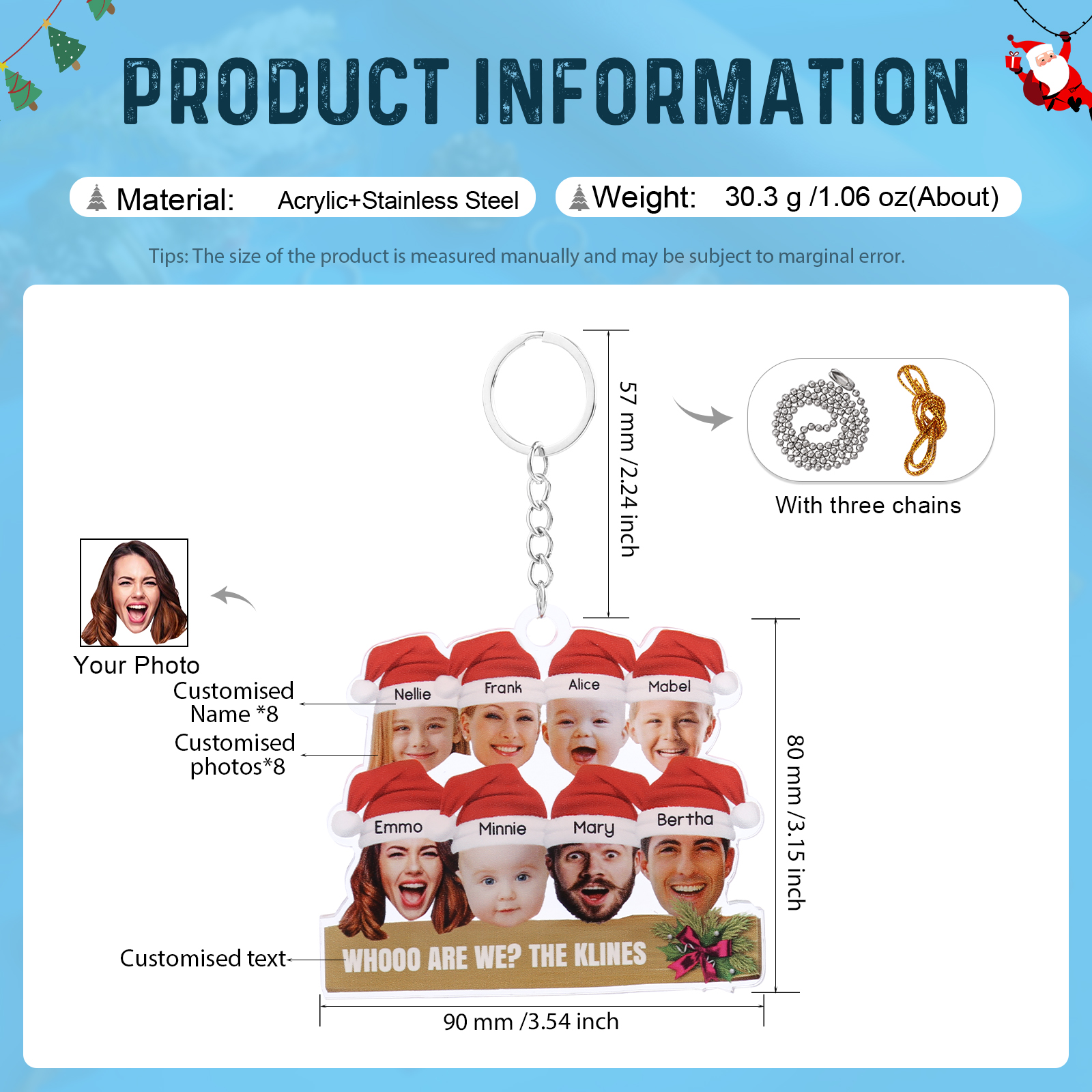 Personalised Christmas Family Ornament with Custom 8 Names & 8 Photos Christmas Hanging Ornament Gift for Family| Jessmade