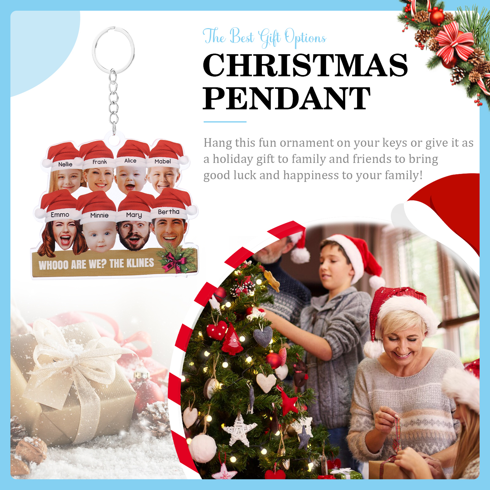 Personalised Christmas Family Ornament with Custom 8 Names & 8 Photos Christmas Hanging Ornament Gift for Family| Jessmade