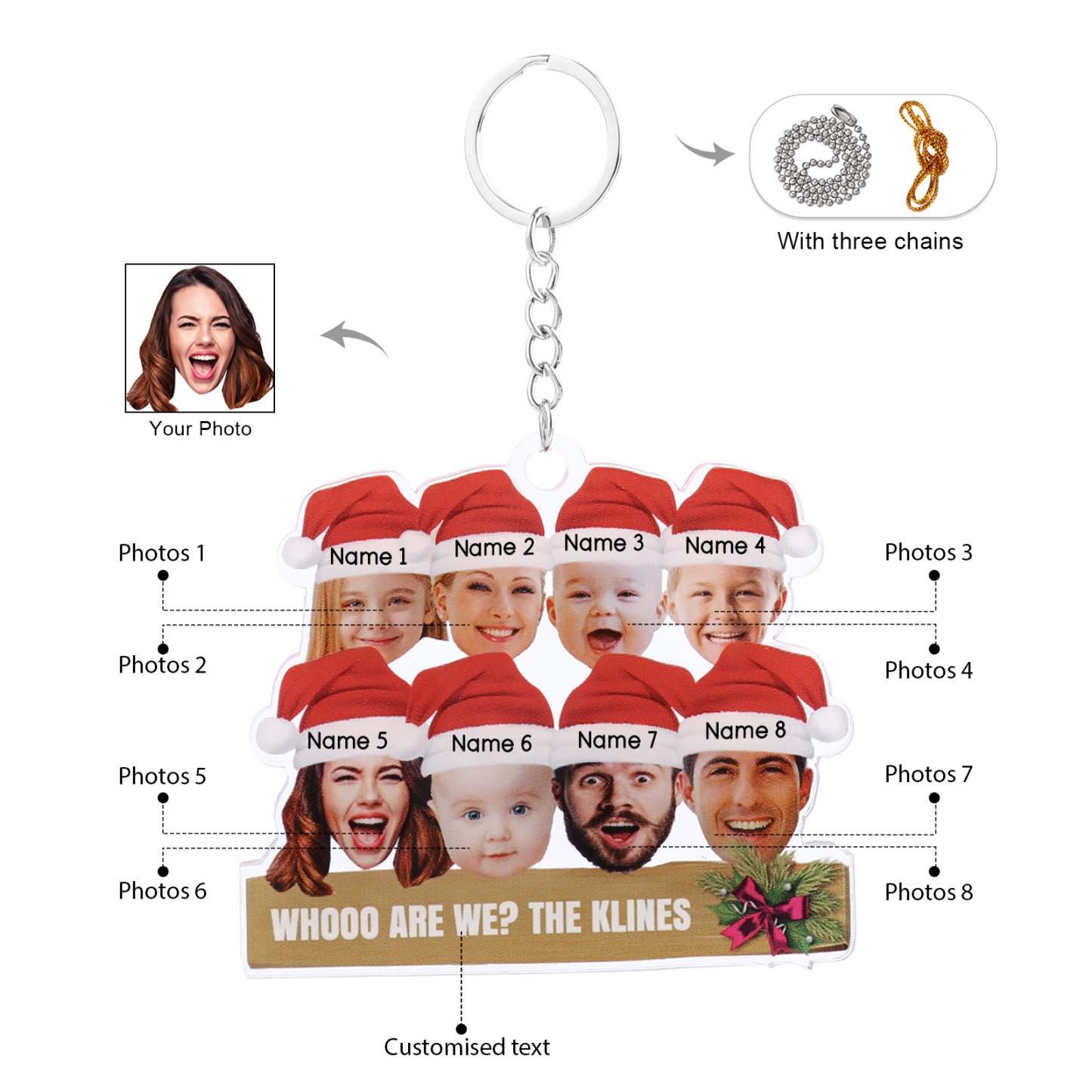Personalised Christmas Family Ornament with Custom 8 Names & 8 Photos Christmas Hanging Ornament Gift for Family| Jessmade