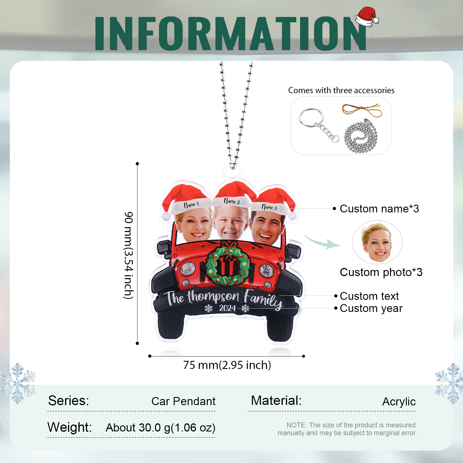 Personalised Acrylic Pendant Custom 3 Names & 3 Photos & 1 Text & 1 Year Christmas Pendant for Family | Jessmade