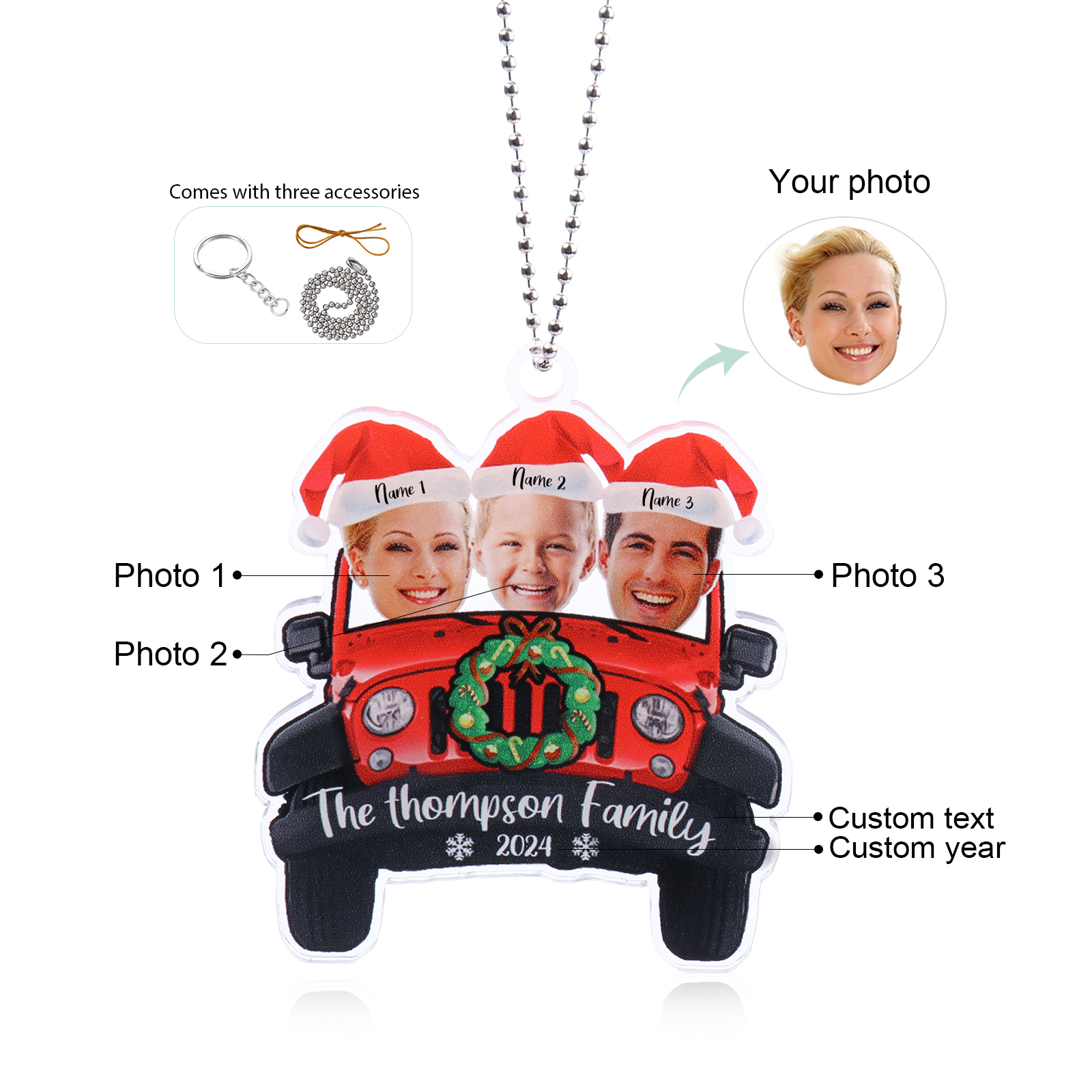 Personalised Acrylic Pendant Custom 3 Names & 3 Photos & 1 Text & 1 Year Christmas Pendant for Family | Jessmade