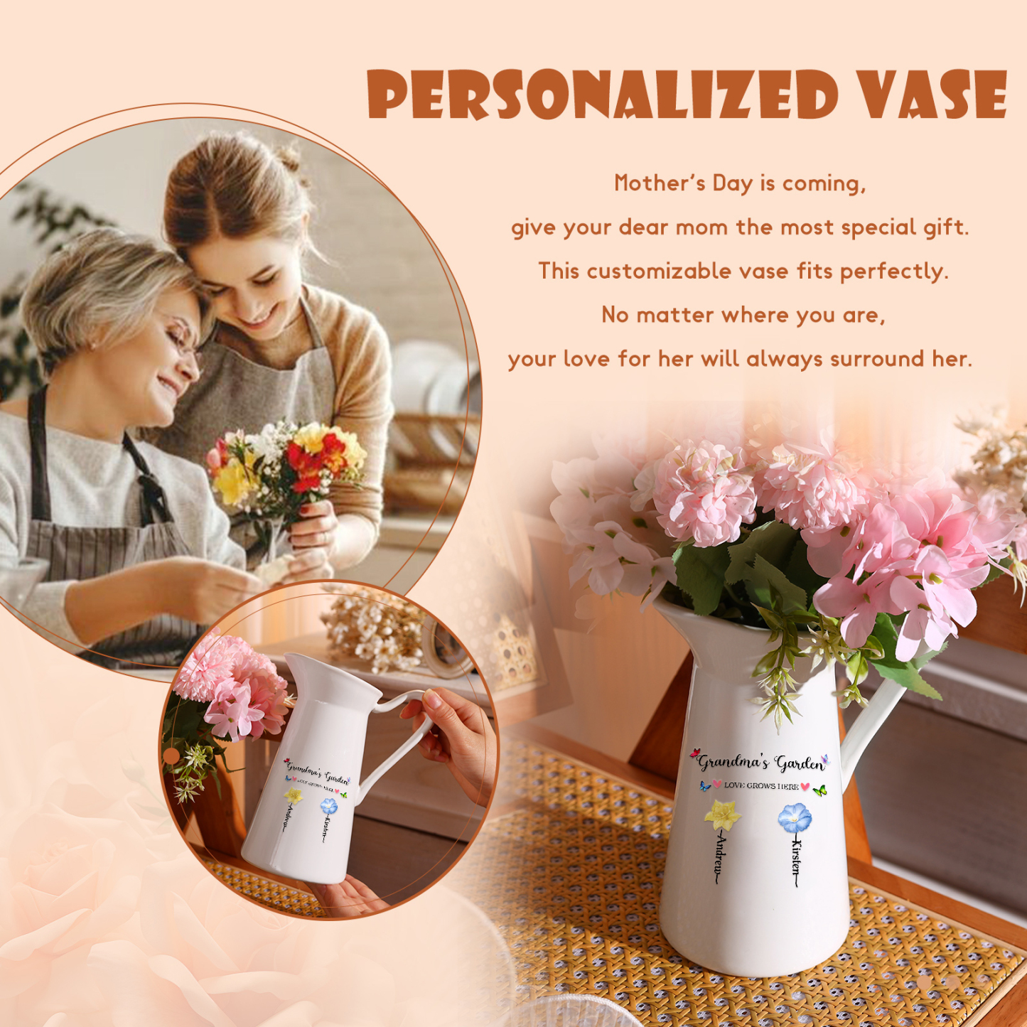 Personalised Garden Butterfly Ceramic Vase with 2-6 Names, Birth Flowers & 2 Custom Texts – Unique Mother's Day Gifts for Her | Jessemade