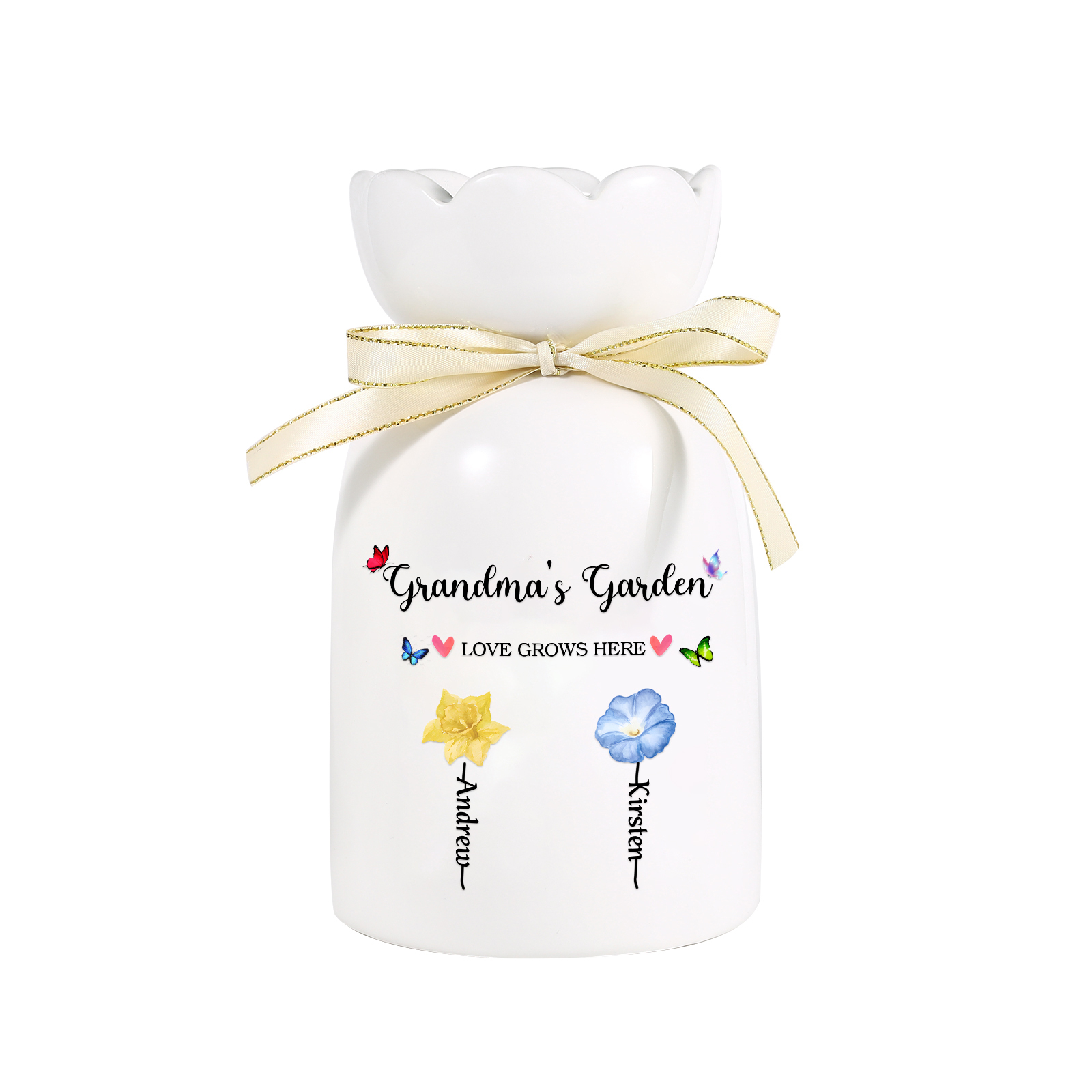 Personalised Flower-Top Ceramic Vase with 2-6 Names, Birth Flowers & Custom Texts – Unique Mother's Day Gifts for Her | Jessemade