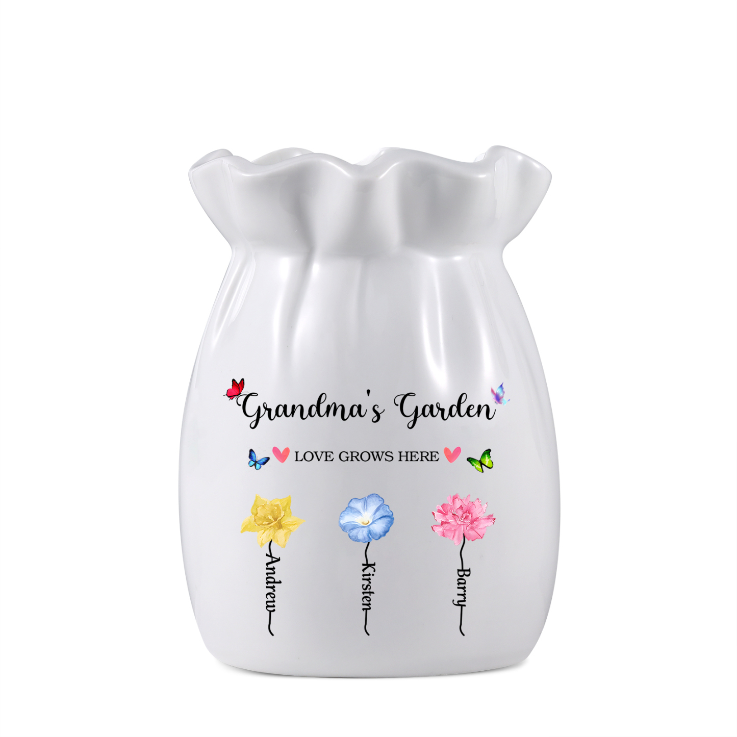 Personalised Ceramic Vase – Custom 2-6 Names & Texts – “Love Grows Here” Floral Design – Unique Mother's Day Gifts for Her | Jessemade