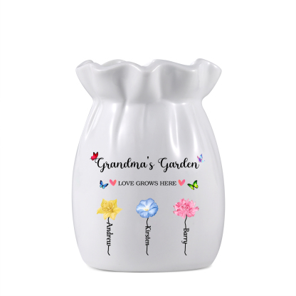 Personalised Ceramic Vase – Custom 2-6 Names & Texts – “Love Grows Here” Floral Design – Unique Mother's Day Gifts for Her | Jessemade