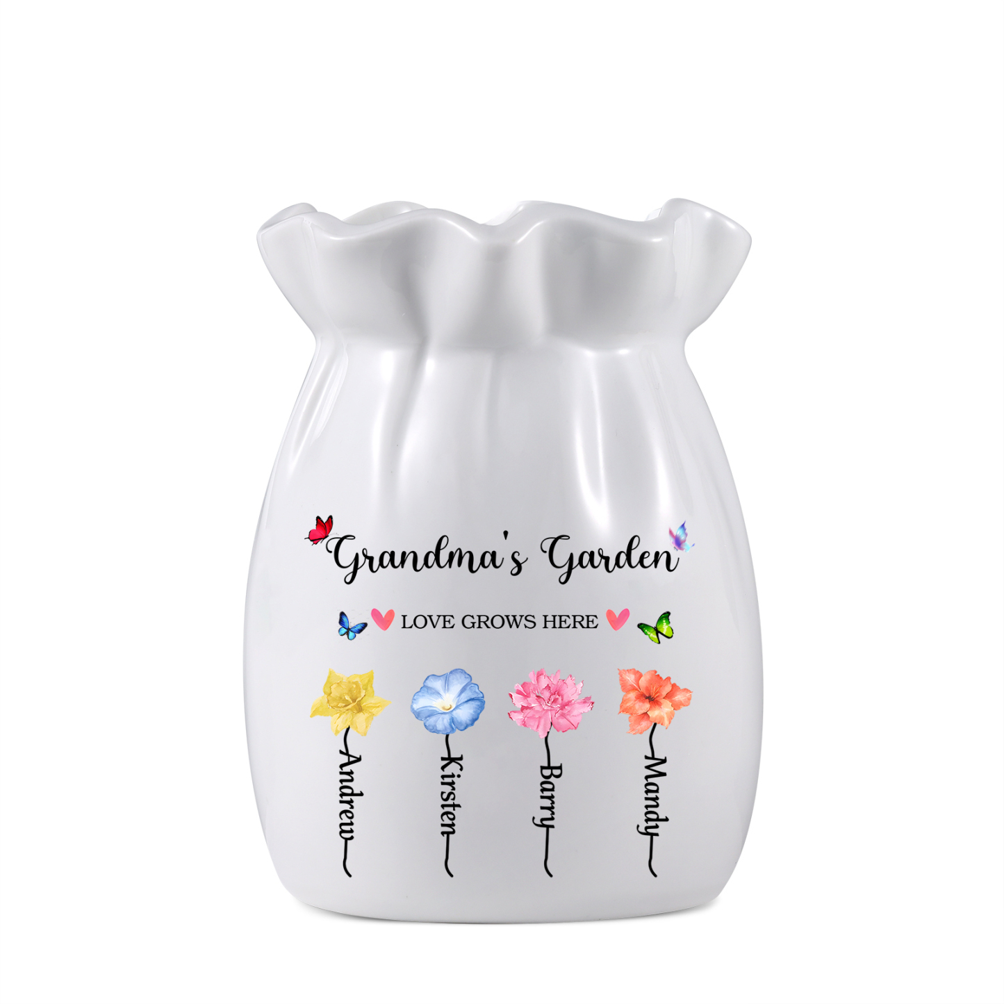 Personalised Ceramic Vase – Custom 2-6 Names & Texts – “Love Grows Here” Floral Design – Unique Mother's Day Gifts for Her | Jessemade