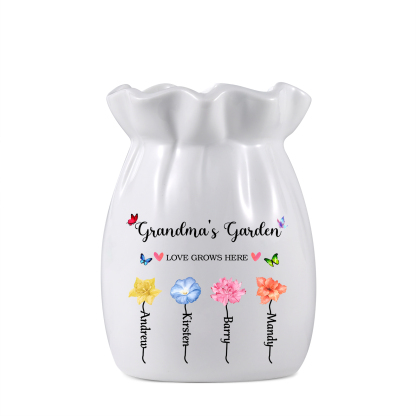 Personalised Ceramic Vase – Custom 2-6 Names & Texts – “Love Grows Here” Floral Design – Unique Mother's Day Gifts for Her | Jessemade