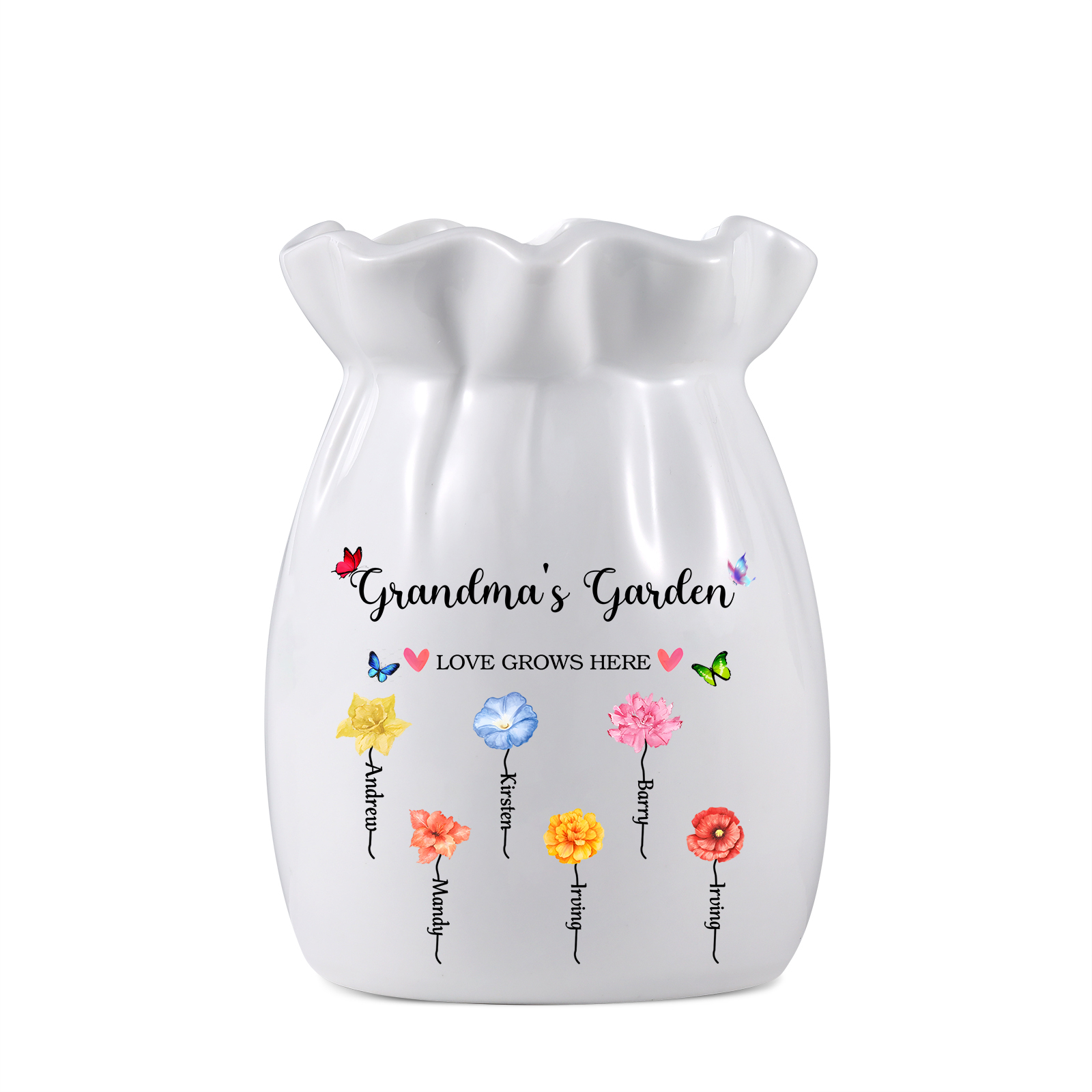 Personalised Ceramic Vase – Custom 2-6 Names & Texts – “Love Grows Here” Floral Design – Unique Mother's Day Gifts for Her | Jessemade