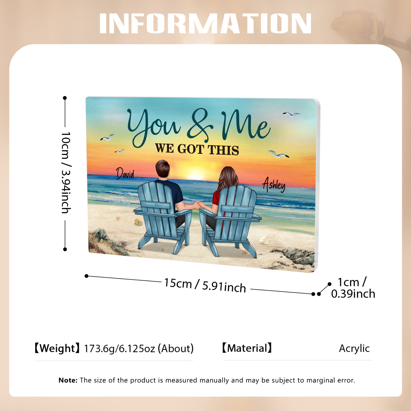 Personalized 2 Names Acrylic Rectangle Keepsake Couple Sitting Beach Acrylic Plaque - You & Me We Got This