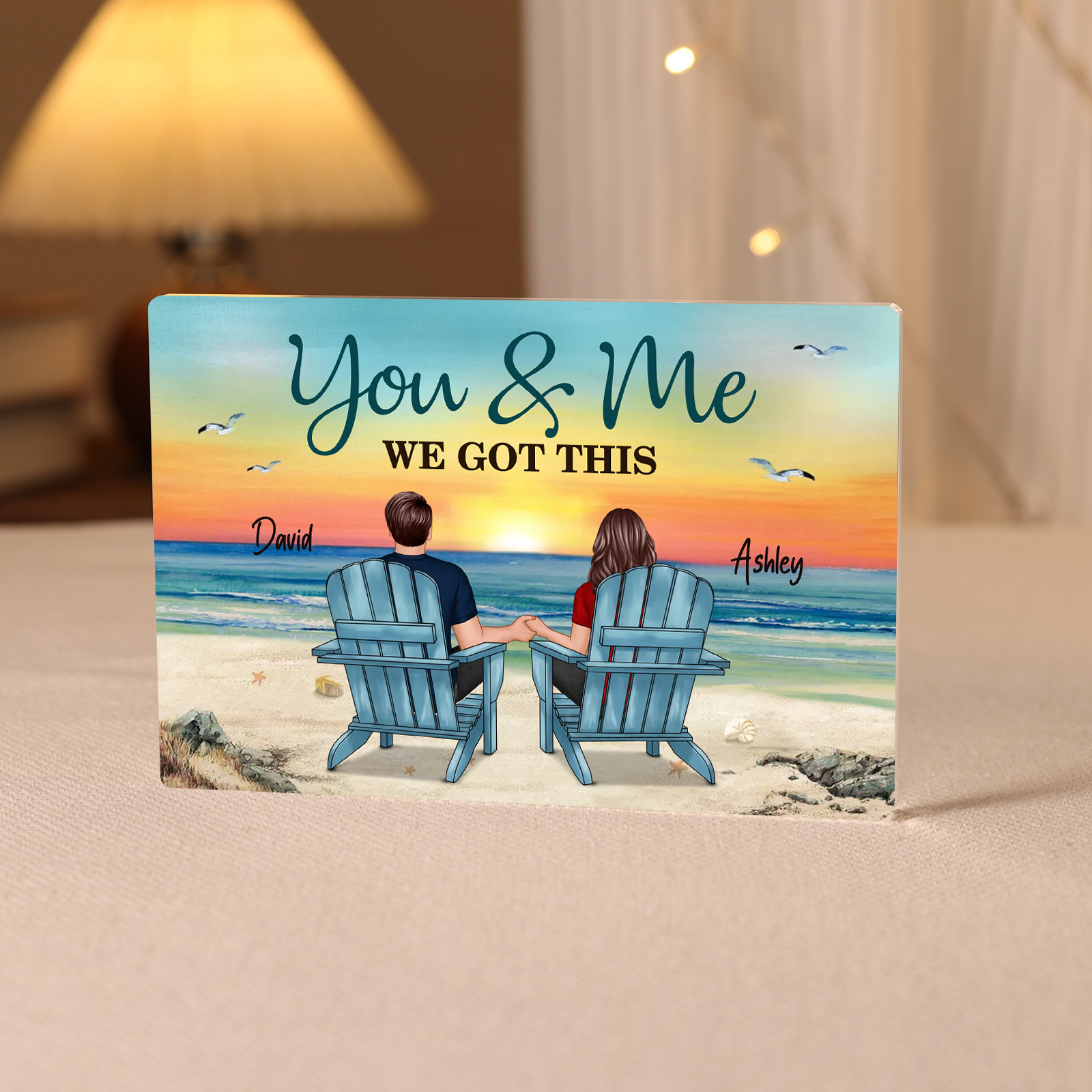 Jessemade UK Personalized 2 Names Acrylic Rectangle Keepsake Couple Sitting Beach Acrylic Plaque - You & Me We Got This 24.99 n2