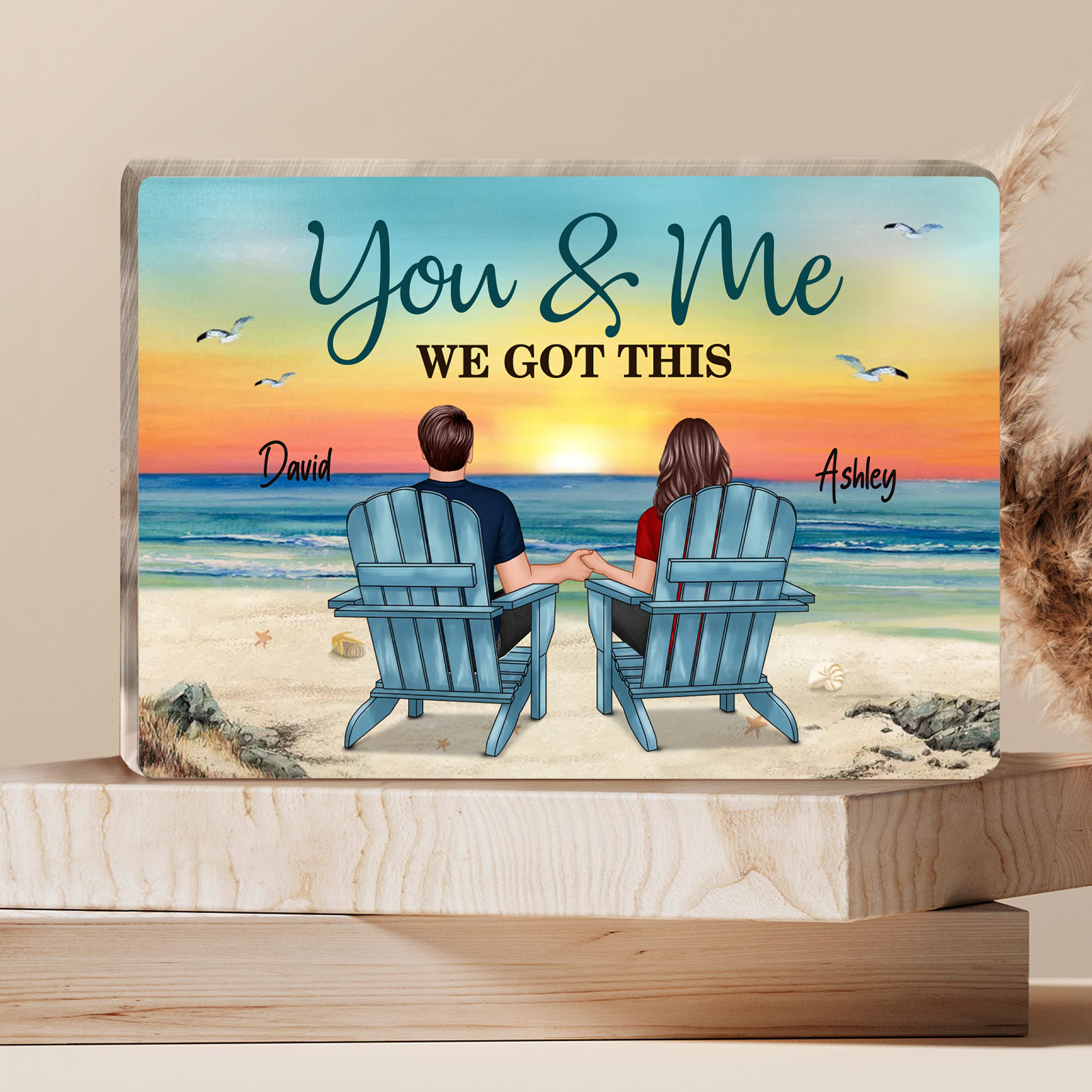 Personalized 2 Names Acrylic Rectangle Keepsake Couple Sitting Beach Acrylic Plaque - You & Me We Got This