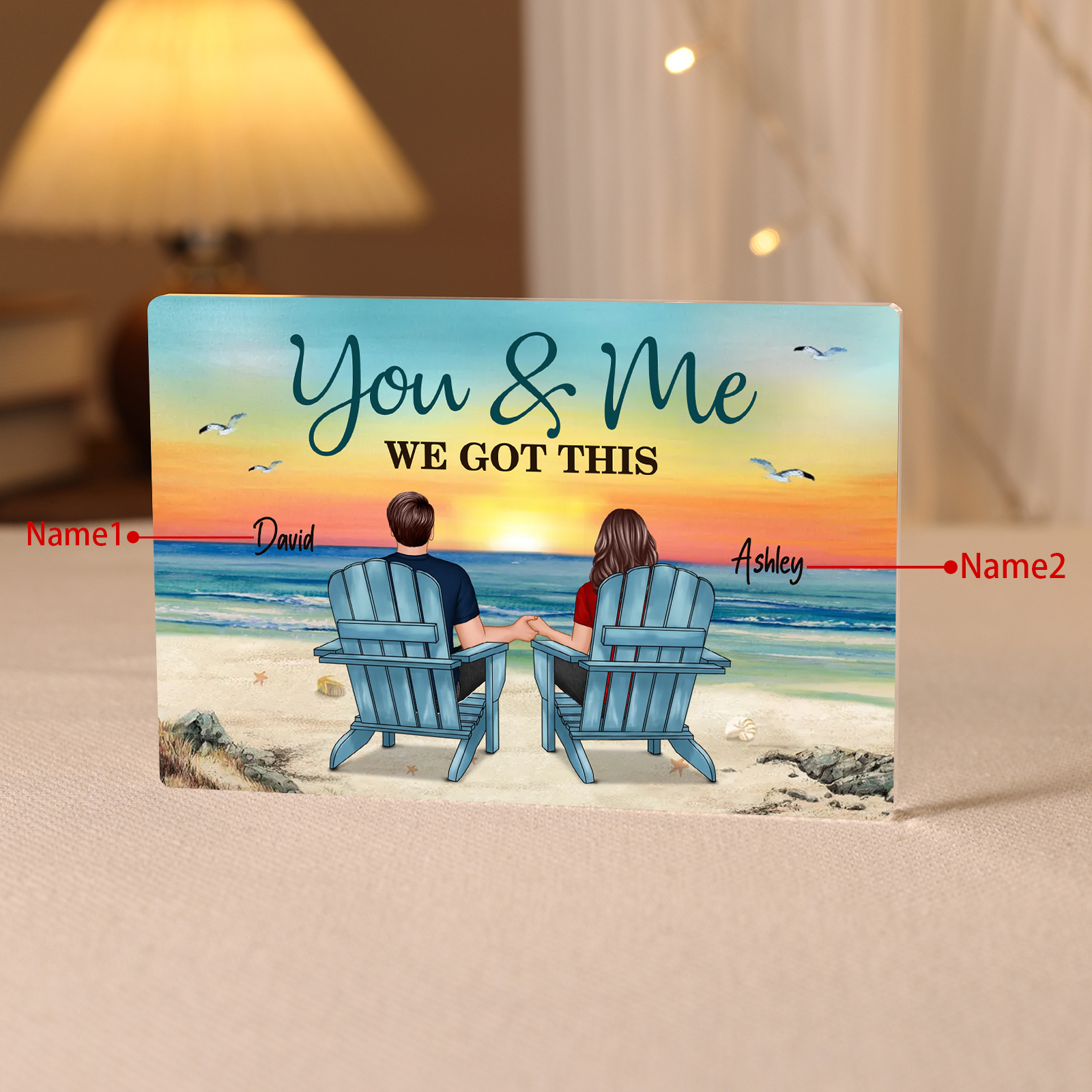 Personalized 2 Names Acrylic Rectangle Keepsake Couple Sitting Beach Acrylic Plaque - You & Me We Got This