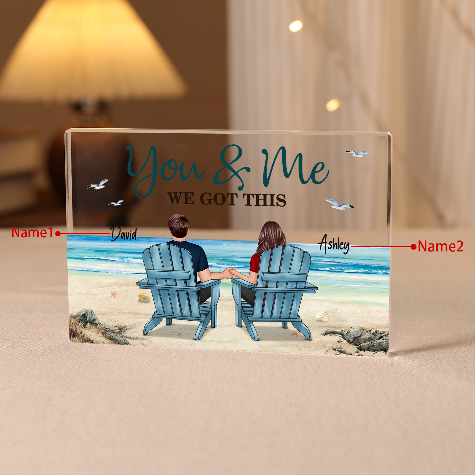 Personalized 2 Names Acrylic Rectangle Keepsake Couple Sitting Beach Acrylic Plaque - You & Me We Got This