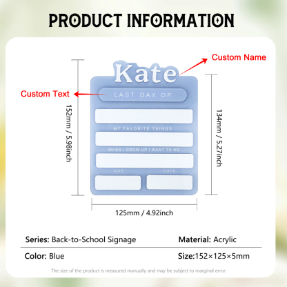 Personalized Name First Day Of School Sign, Custom Name And Text Acrylic Plaque Back To School Gift For Kids
