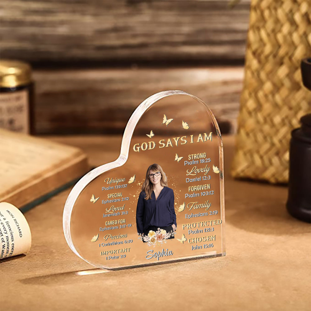 God Says I Am-Acrylic Christian Gifts Bible Verse Prayers Religious Gifts-Acrylic Flower Heart Keepsake Desktop Ornament