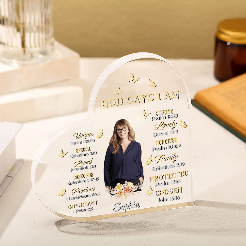 God Says I Am-Acrylic Christian Gifts Bible Verse Prayers Religious Gifts-Acrylic Flower Heart Keepsake Desktop Ornament