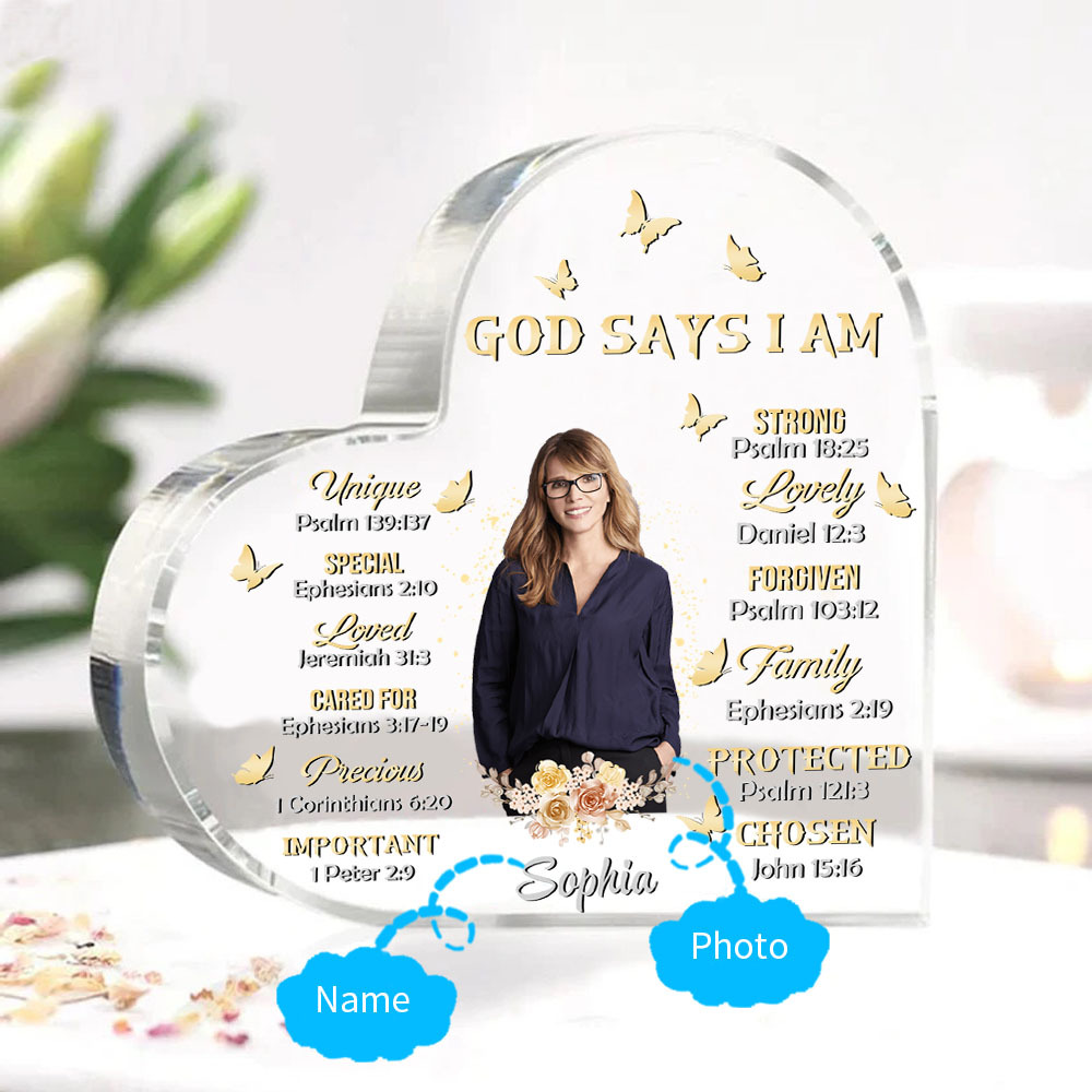 God Says I Am-Acrylic Christian Gifts Bible Verse Prayers Religious Gifts-Acrylic Flower Heart Keepsake Desktop Ornament