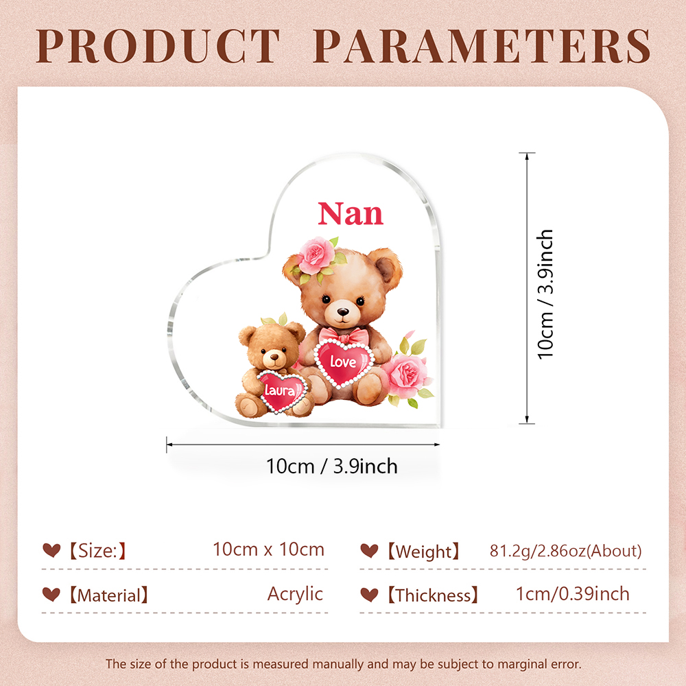 1 Name-Personalized Bear Acrylic Heart Keepsake Custom Text Acrylic Plaque Ornaments Gifts for Nana