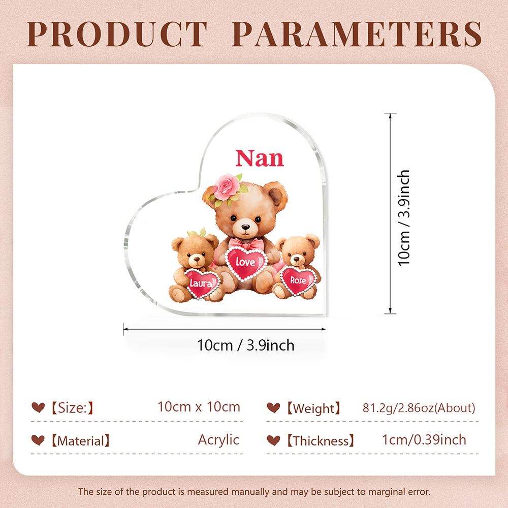 2 Names-Personalized Bear Acrylic Heart Keepsake Custom Text Acrylic Plaque Ornaments Gifts for Nana