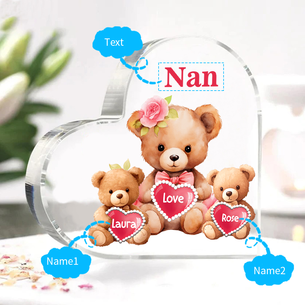 2 Names-Personalized Bear Acrylic Heart Keepsake Custom Text Acrylic Plaque Ornaments Gifts for Nana