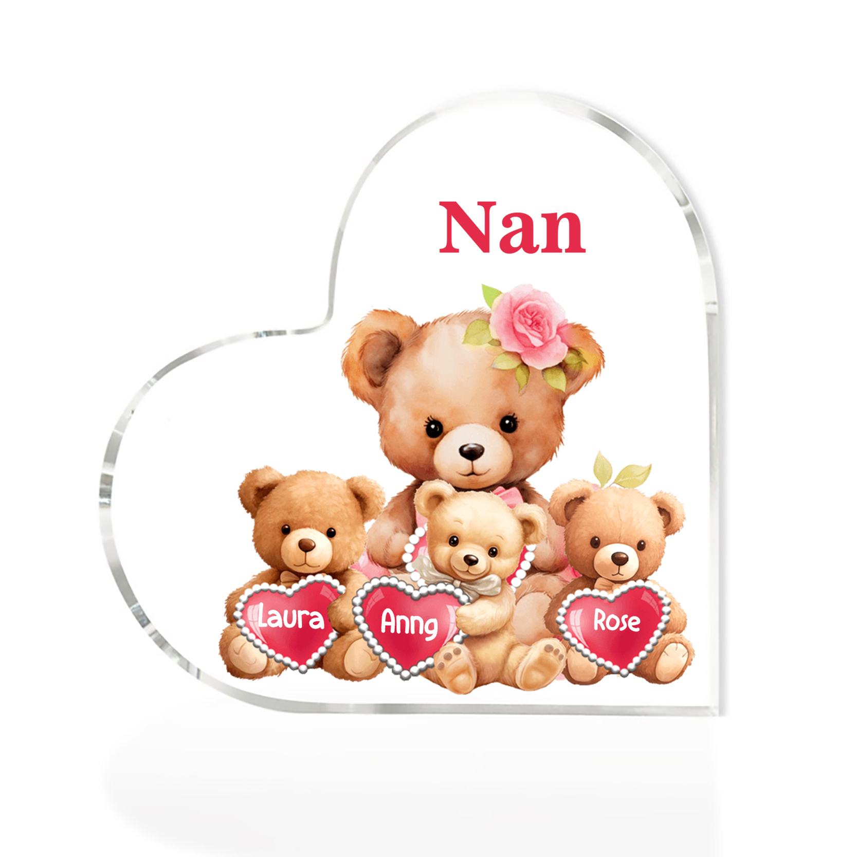 3 Names-Personalized Bear Acrylic Heart Keepsake Custom Text Acrylic Plaque Ornaments Gifts for Nana