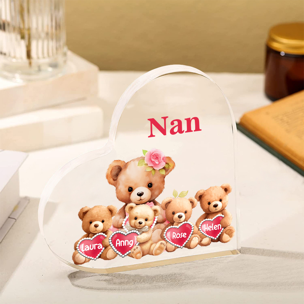 4 Names-Personalized Bear Acrylic Heart Keepsake Custom Text Acrylic Plaque Ornaments Gifts for Nana