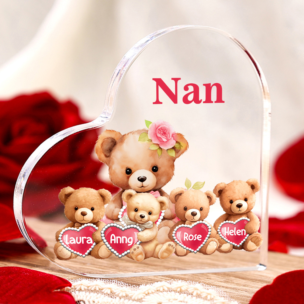 4 Names-Personalized Bear Acrylic Heart Keepsake Custom Text Acrylic Plaque Ornaments Gifts for Nana