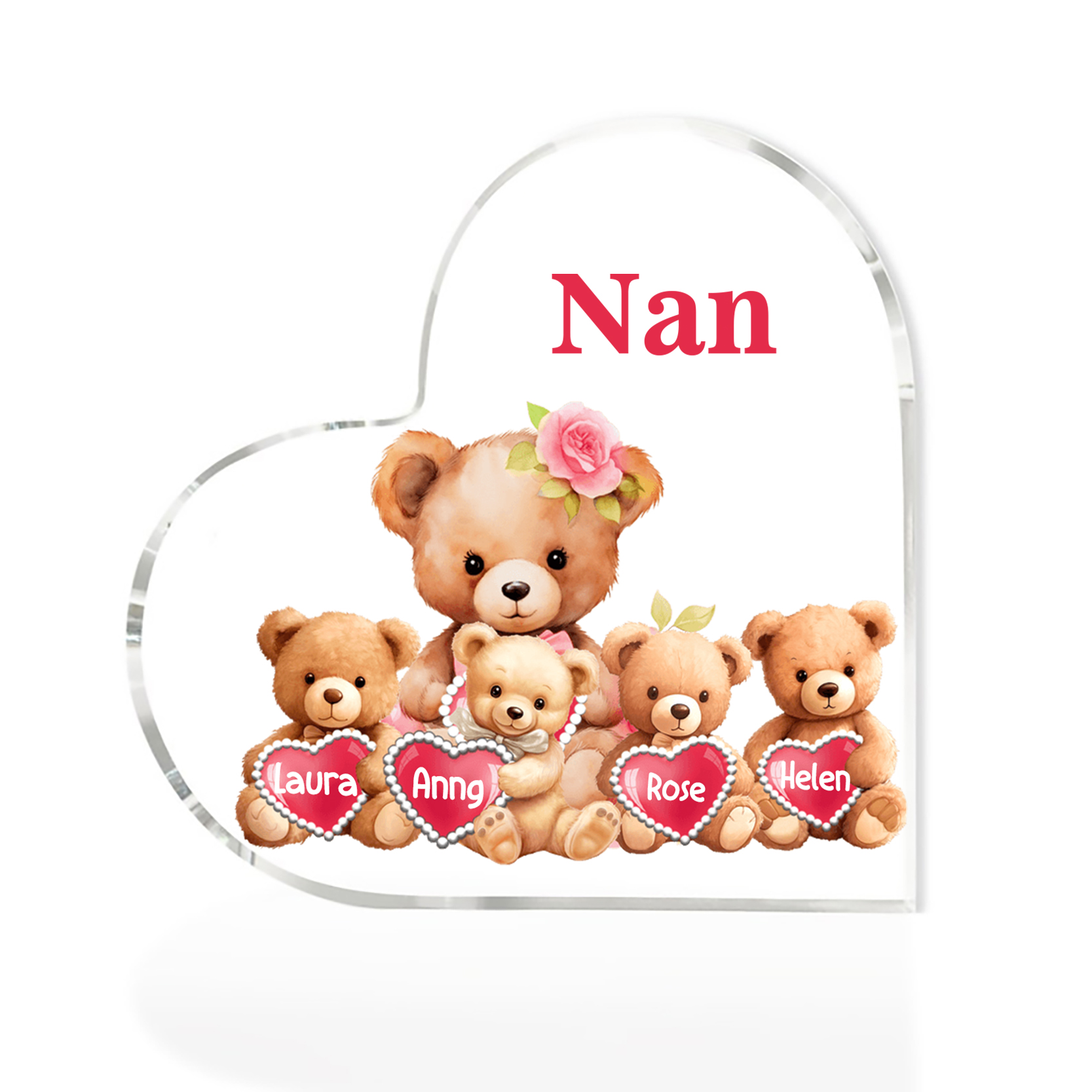 4 Names-Personalized Bear Acrylic Heart Keepsake Custom Text Acrylic Plaque Ornaments Gifts for Nana