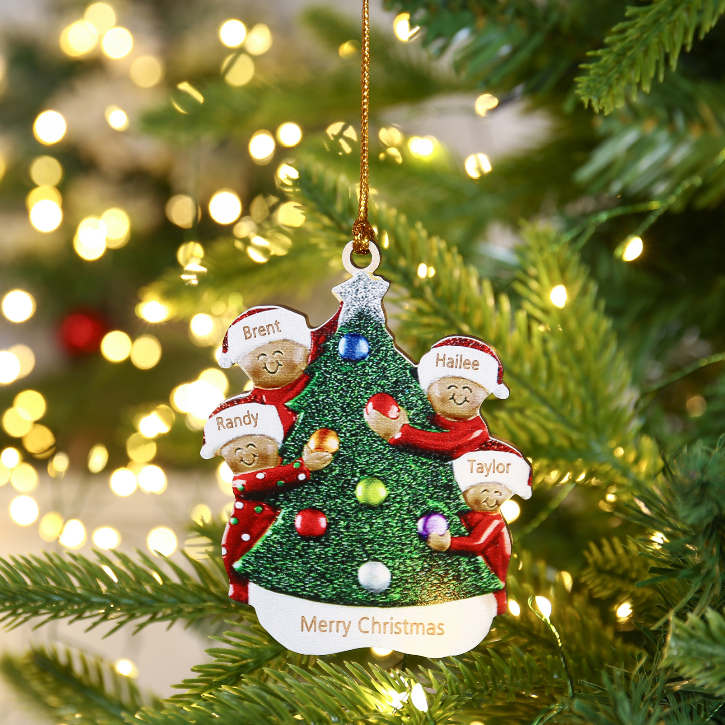 Personalised Christmas Tree Ornament with Custom 4 Names & 1 Text - Fe