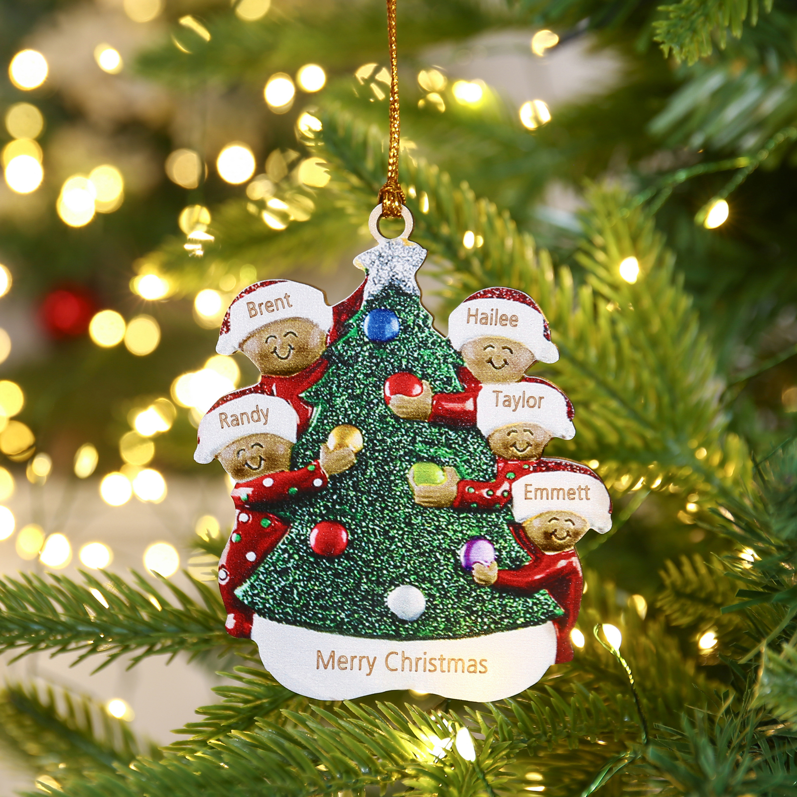 Personalised Christmas Tree Ornament with Custom 5 Names & 1 Text - Fe