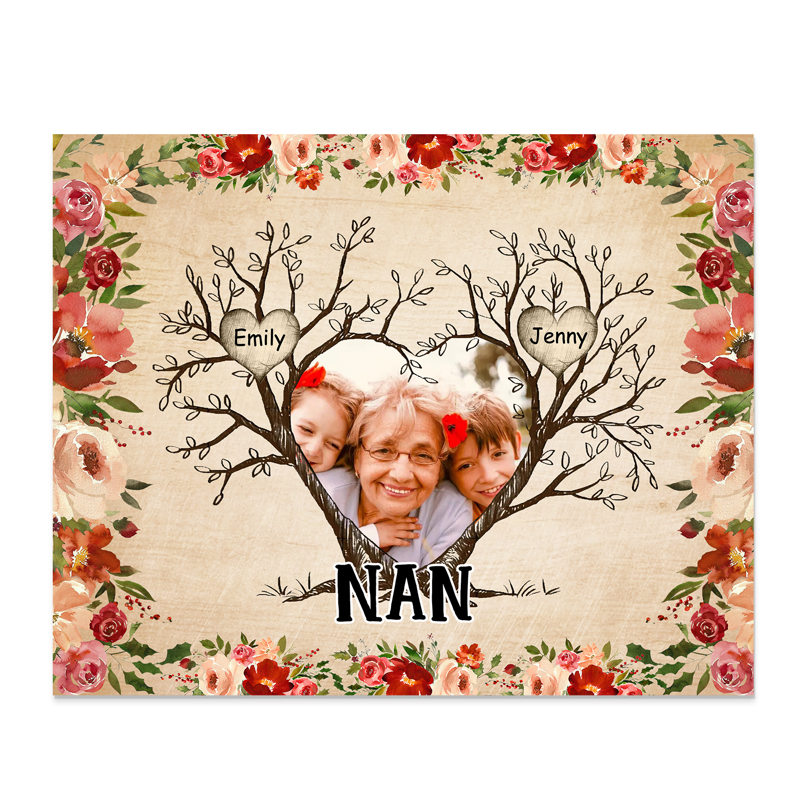 Personalised Family Tree Photo Frame - Custom 2 Names & Text Frame for Nan | Jessmade