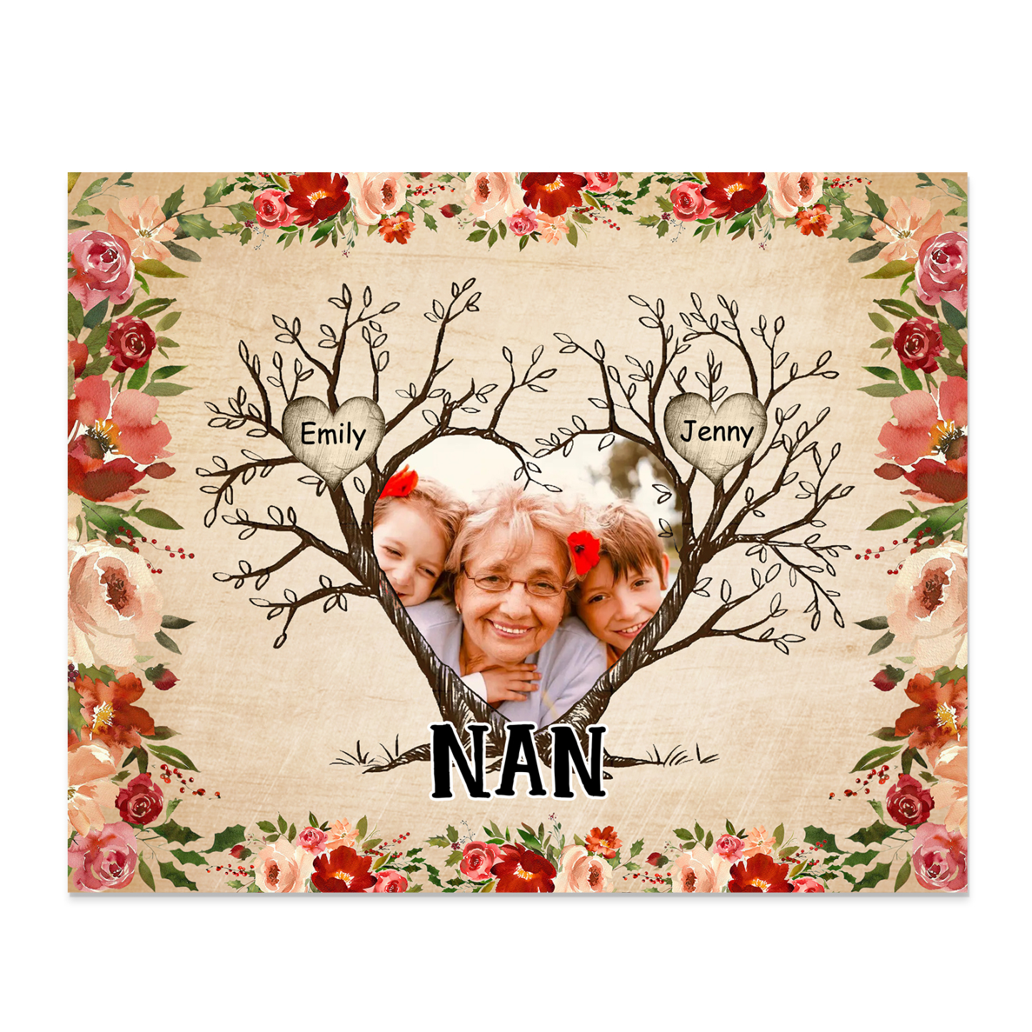 Personalised Family Tree Photo Frame - Custom 2 Names & Text Frame for Nan | Jessmade