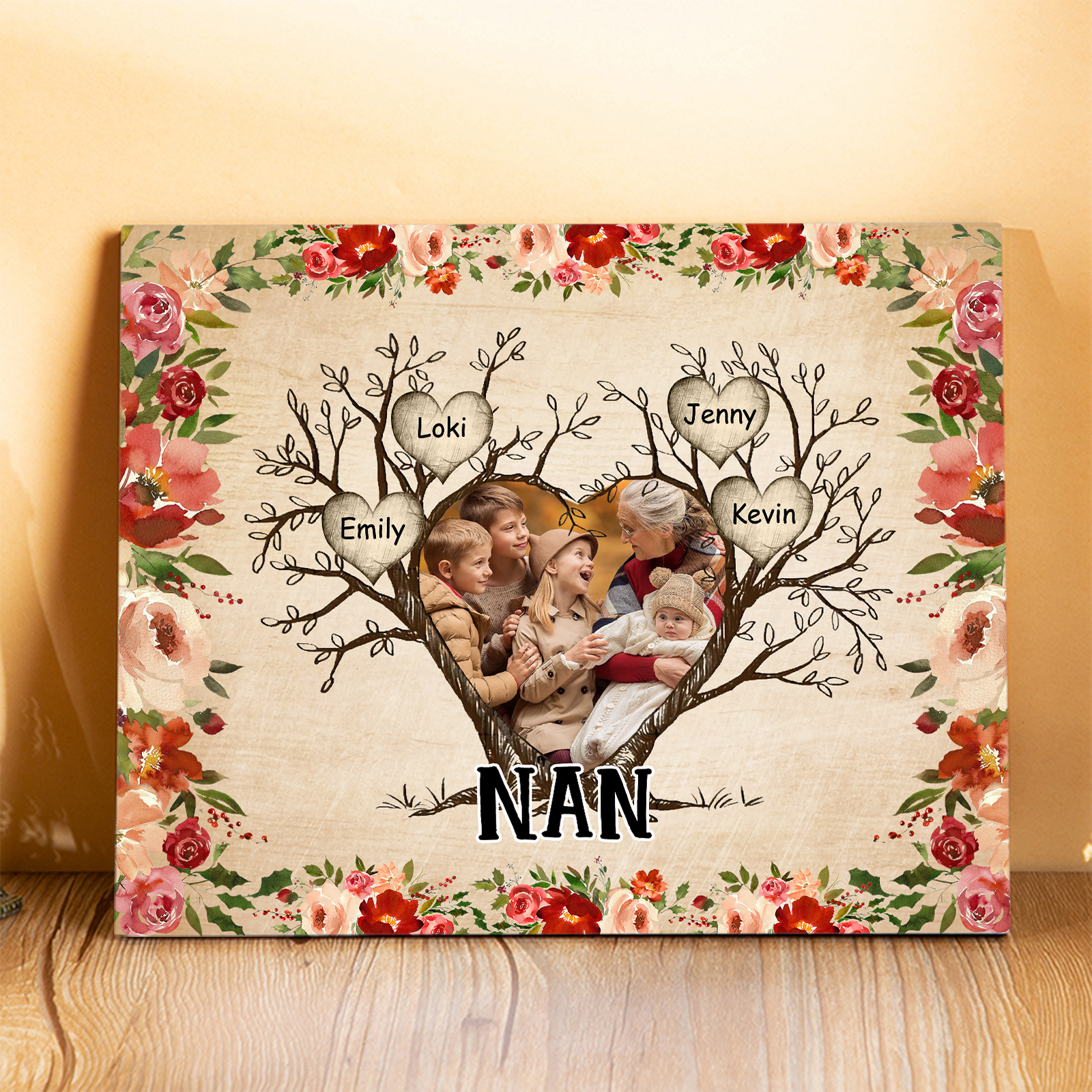 Personalised Family Tree Photo Frame - Custom 4 Names & Text Frame for
