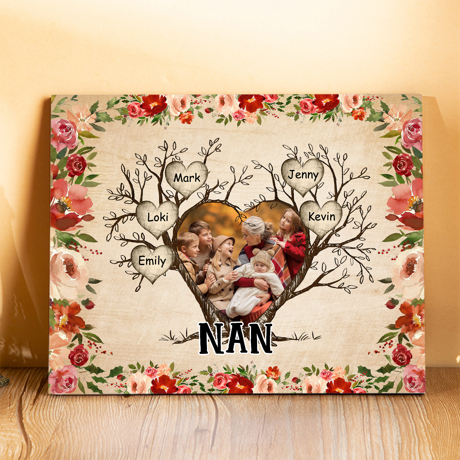 Personalised Family Tree Photo Frame - Custom 5 Names & Text Frame for