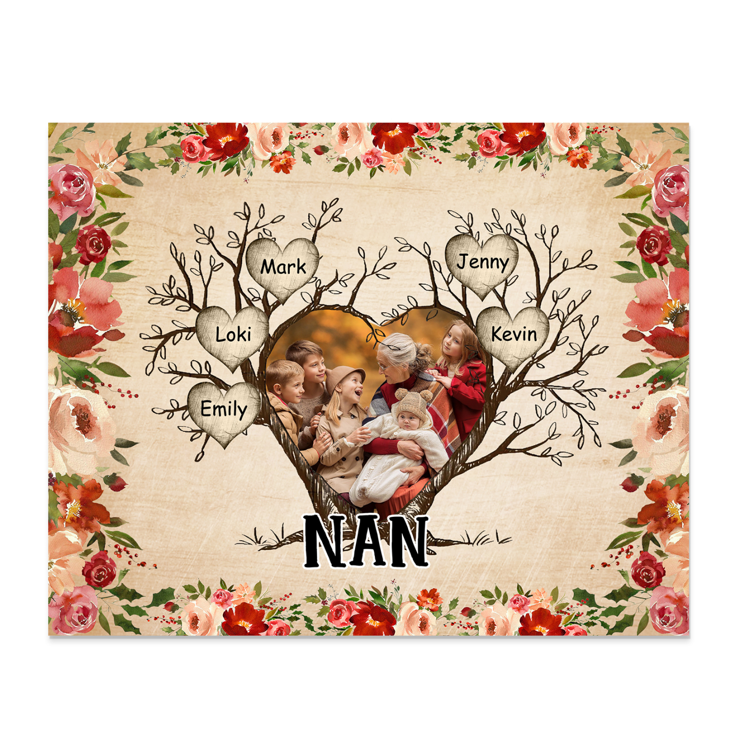 Personalised Family Tree Photo Frame - Custom 5 Names & Text Frame for Nan | Jessmade