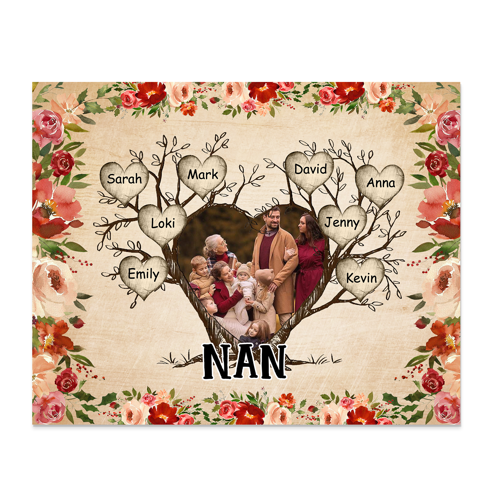 Personalised Family Tree Photo Frame - Custom 8 Names & Text Frame for Grandparents | Jessmade