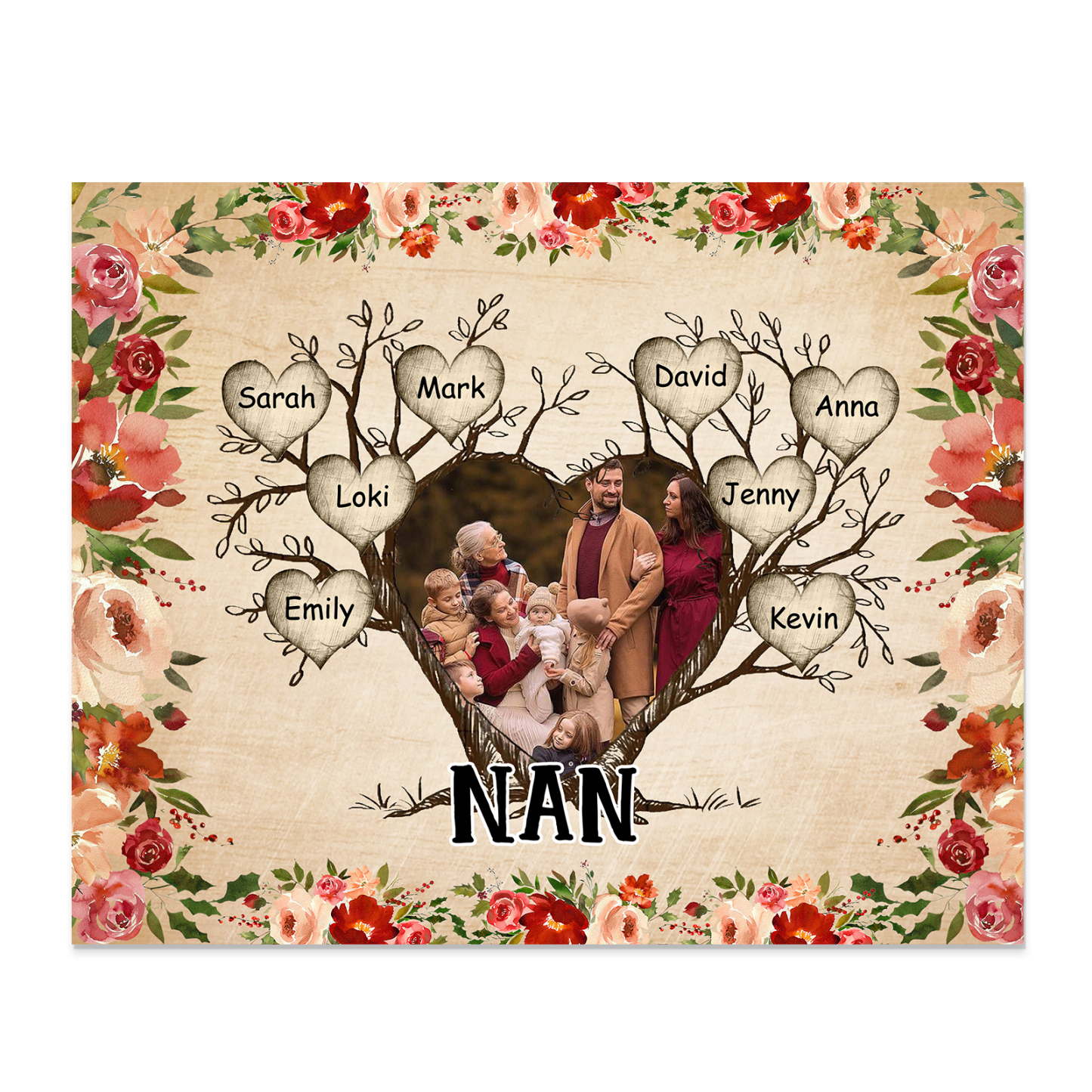 Personalised Family Tree Photo Frame - Custom 8 Names & Text Frame for Grandparents | Jessmade