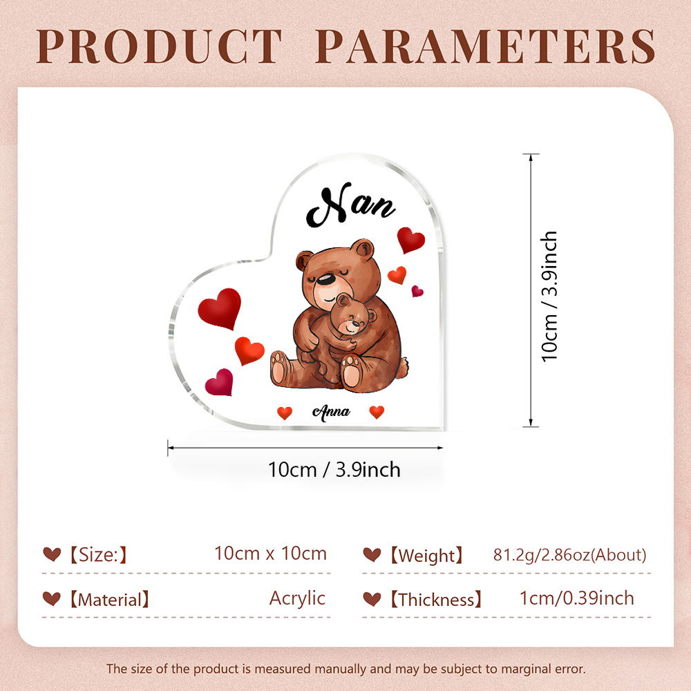 Personalised Heart-Shaped Acrylic Plaque Customizable with 1 Name and Text with Bear Design -  For Nan | Jessmade
