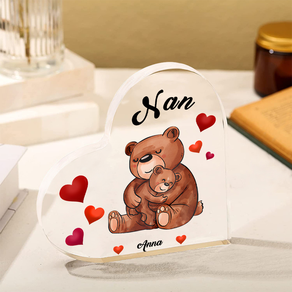 Personalised Heart-Shaped Acrylic Plaque Customizable with 1 Name and Text with Bear Design -  For Nan | Jessmade