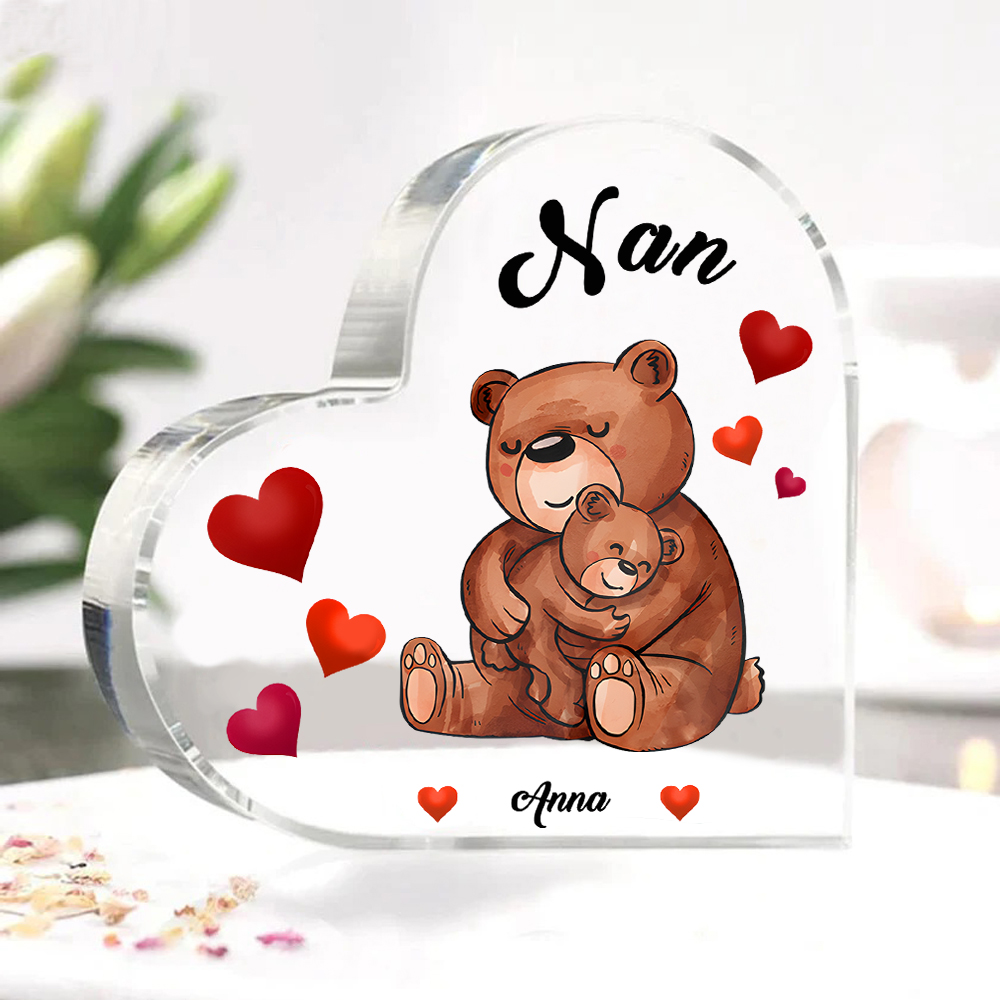 Personalised Heart-Shaped Acrylic Plaque Customizable with 1 Name and Text with Bear Design -  For Nan | Jessmade