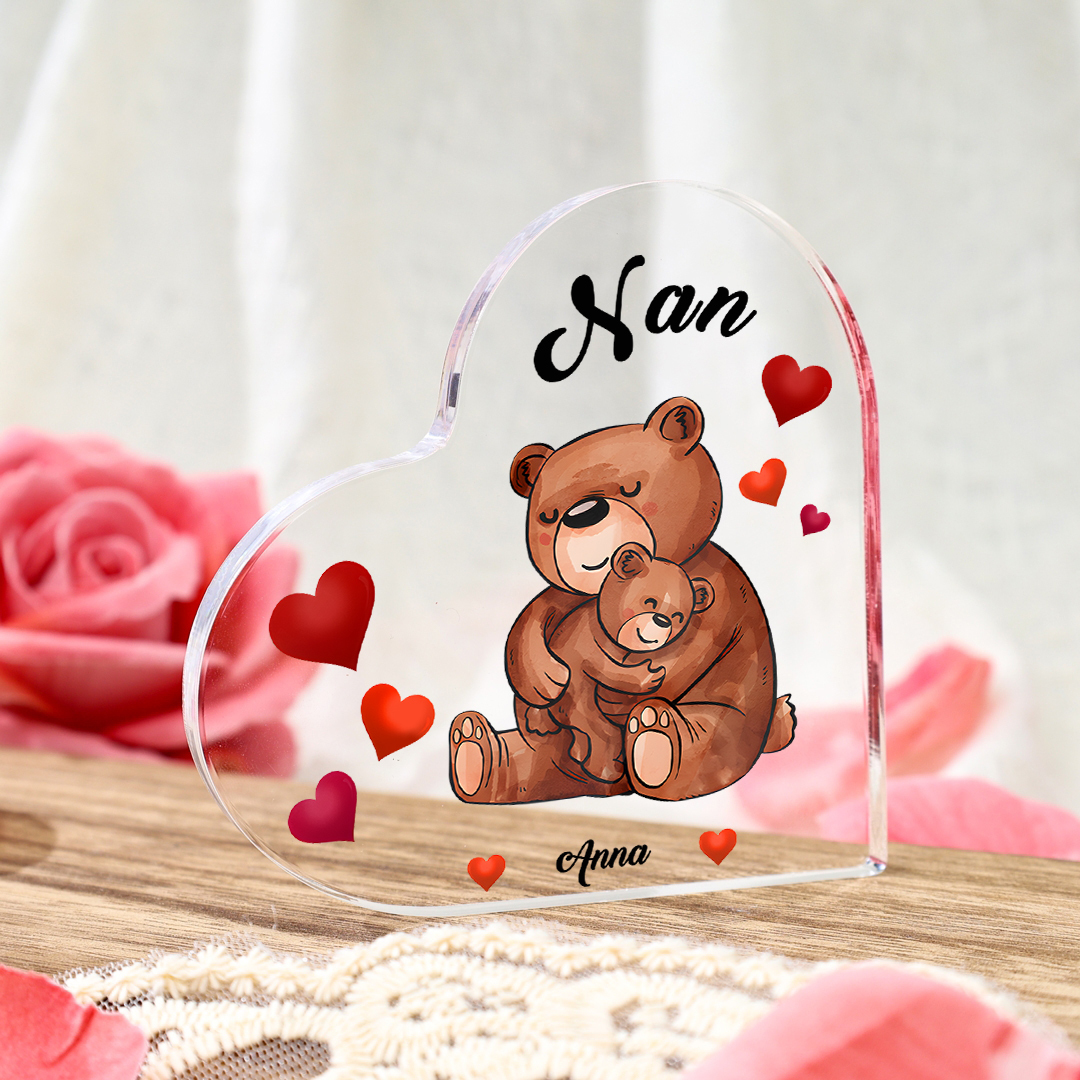 Personalised Heart-Shaped Acrylic Plaque Customizable with 1 Name and Text with Bear Design -  For Nan | Jessmade
