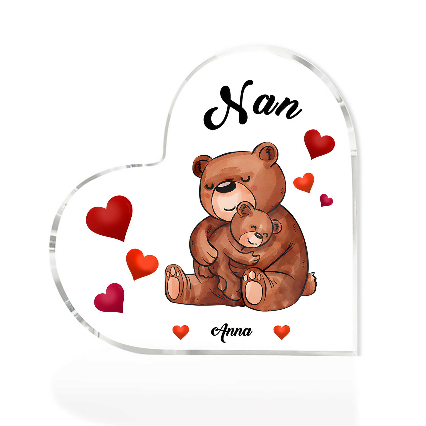 Personalised Heart-Shaped Acrylic Plaque Customizable with 1 Name and Text with Bear Design -  For Nan | Jessmade