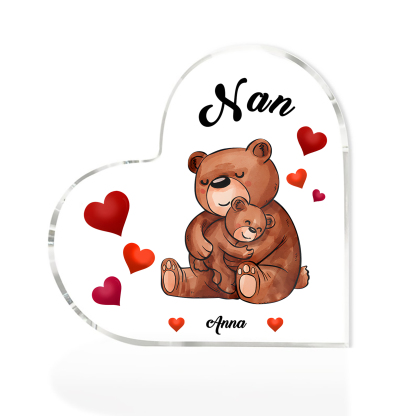 Personalised Heart-Shaped Acrylic Plaque Customizable with 1 Name and Text with Bear Design -  For Nan | Jessmade