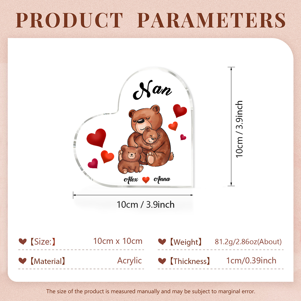 Personalised Heart-Shaped Acrylic Plaque Customizable with 2 Names and Text with Bear Design -  For Nan | Jessmade