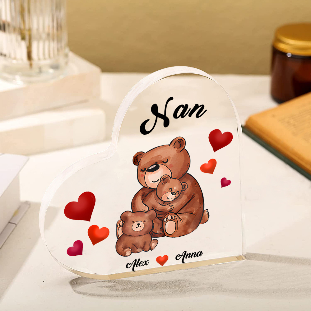 Personalised Heart-Shaped Acrylic Plaque Customizable with 2 Names and Text with Bear Design -  For Nan | Jessmade