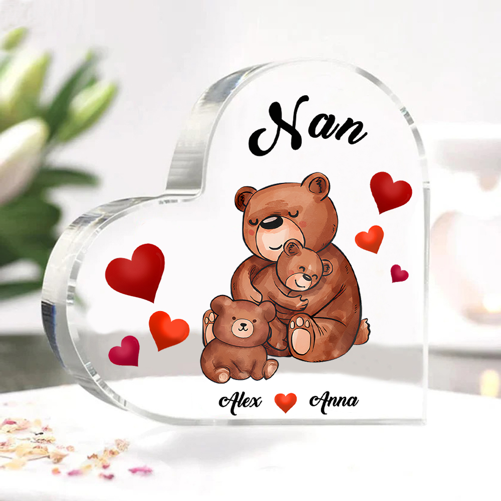 Personalised Heart-Shaped Acrylic Plaque Customizable with 2 Names and Text with Bear Design -  For Nan | Jessmade